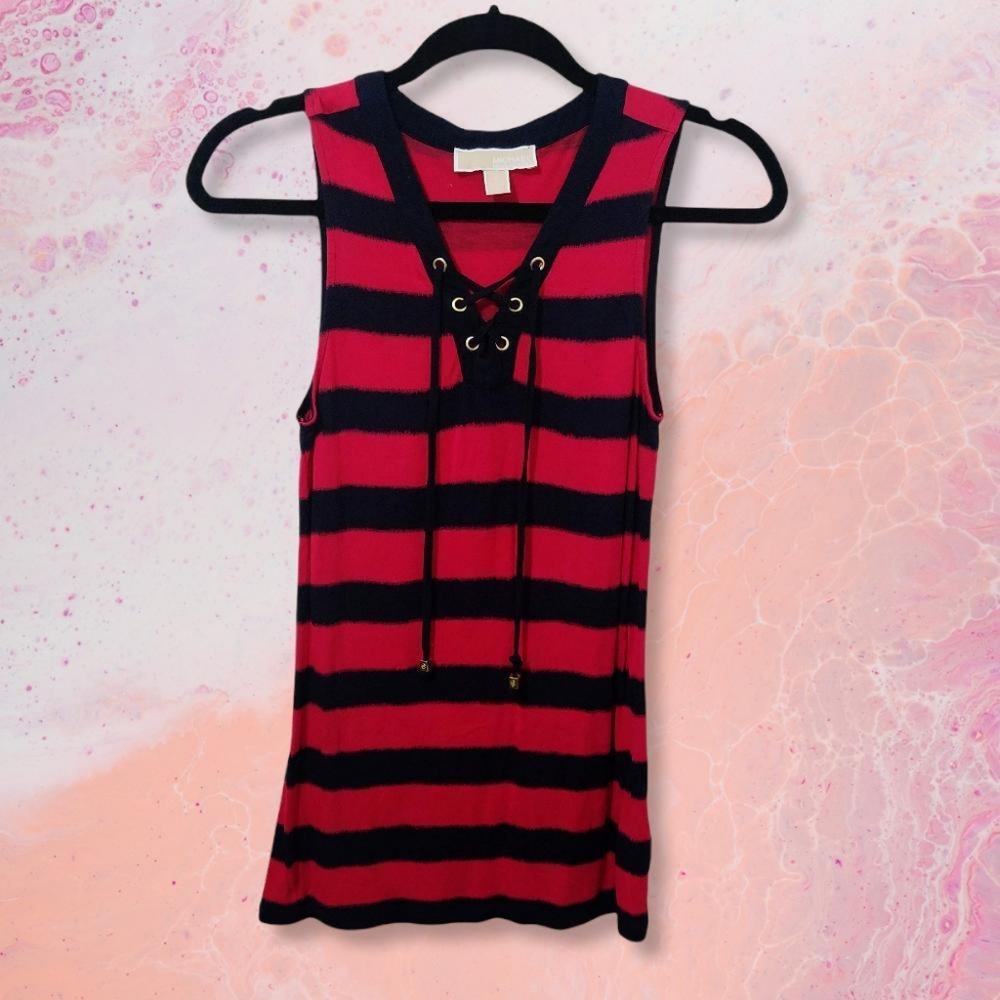 MICHAEL KORS Red & Black Striped Sleeveless Top